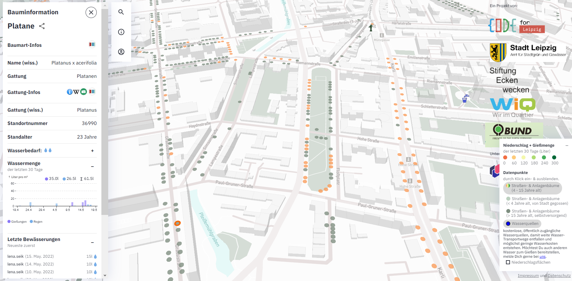 Ansicht aus der App "Leipzig giesst", die die Positionen der Straßenbäume auf einer Karte als Punkte zeigt, die je nach Gießbedürftigkeit mit entsprechenden Farben dargestellt sind